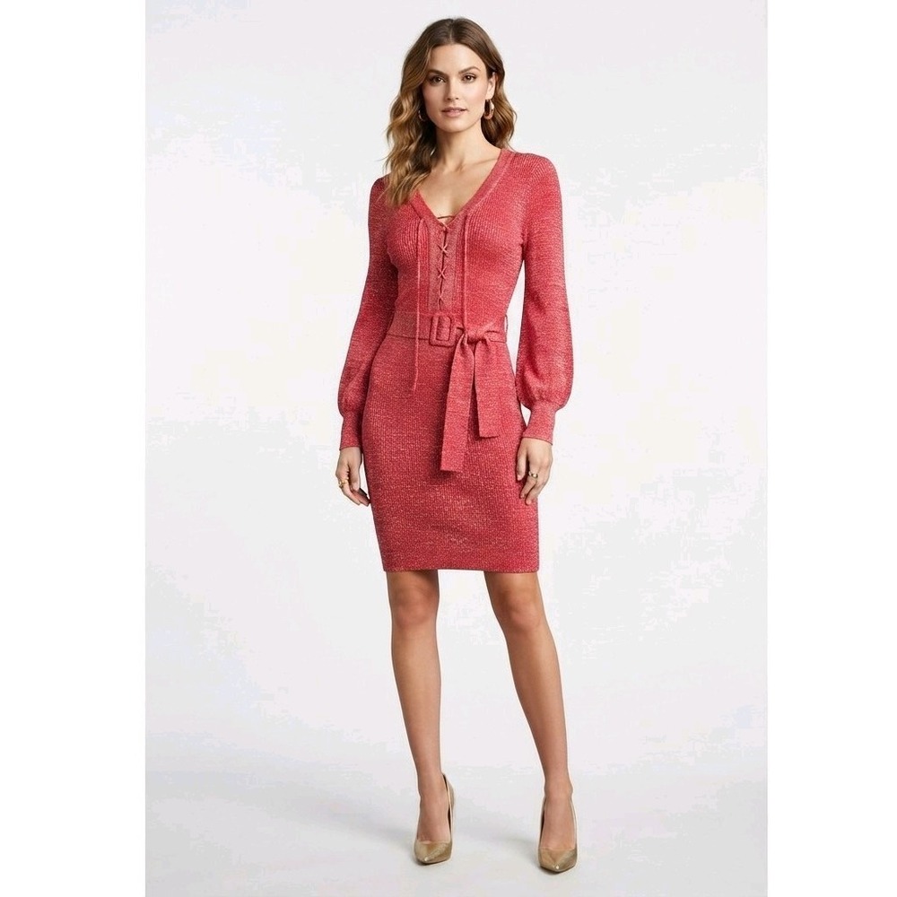 Planet Gold Womens Sweater Dress M Red Gold Metallic V-Neck Lace-Up Belted NWT